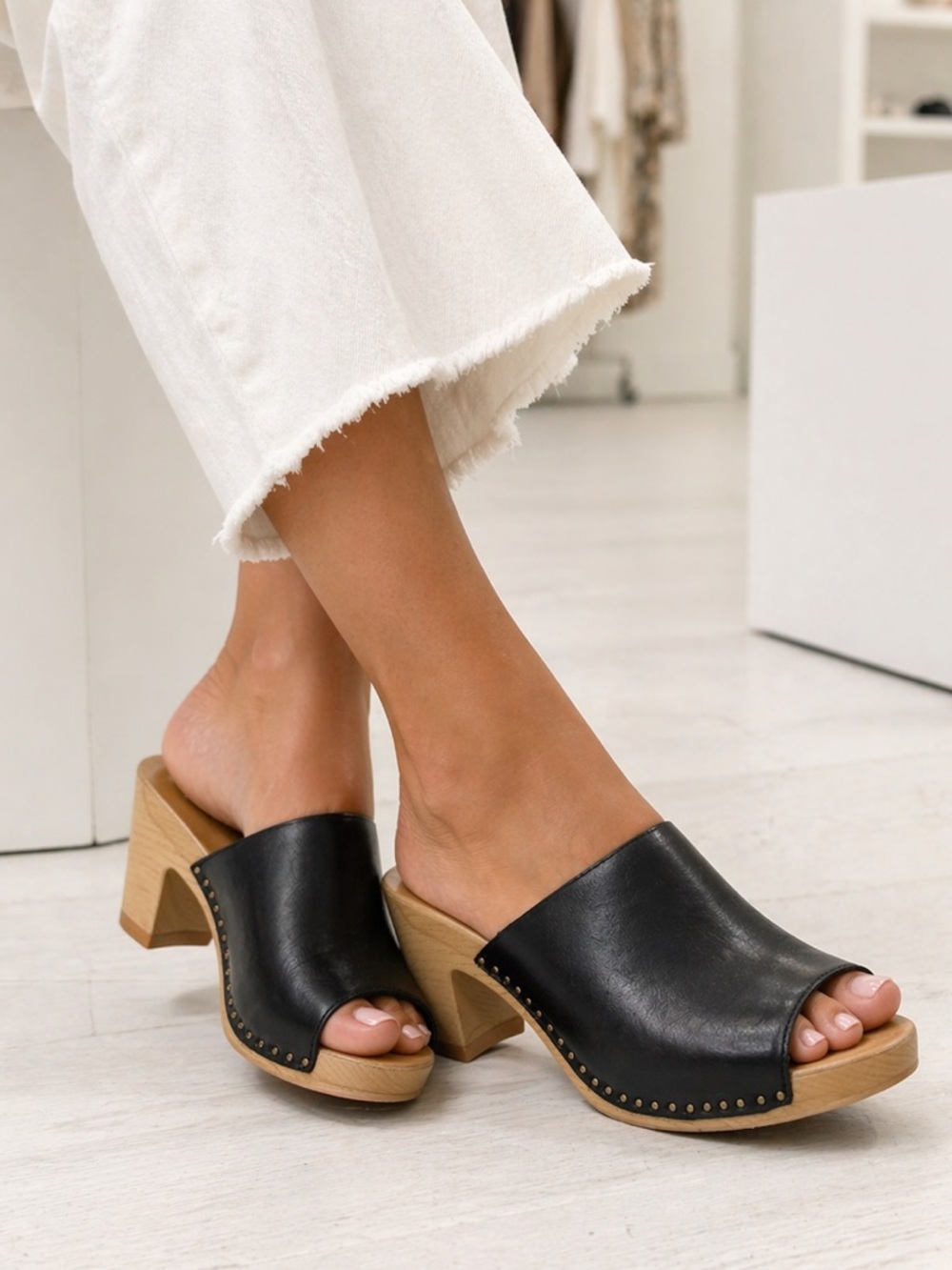 Dansko Black Leather Open-Toe Clogs with Wood Heel